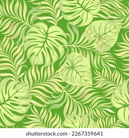 Green tropical palm leaves seamless vector pattern on the black background.Trendy summer print.