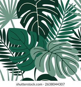 Green tropical palm leaves seamless pattern for eco packaging, natural product branding and cosmetic labels. Vector illustration