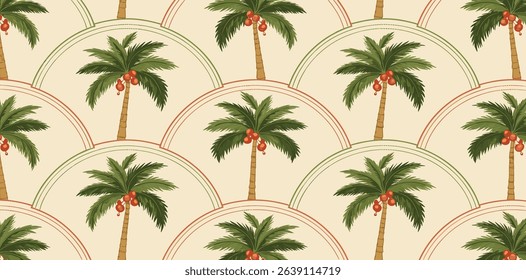 Green tropical palm tree art deco seamless pattern. Jungle damask print, summer nature vector wallpaper. Hand drawn coconut plant, cute tropic illustration. Simple textile design, fabric, wrap paper.