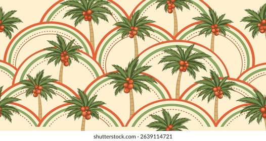 Green tropical palm tree art deco seamless pattern. Jungle damask print, summer nature vector wallpaper. Hand drawn coconut plant, cute tropic illustration. Simple textile design, fabric, wrap paper.