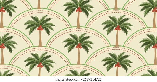 Green tropical palm tree art deco seamless pattern. Jungle damask print, summer nature vector wallpaper. Hand drawn coconut plant, cute tropic illustration. Simple textile design, fabric, wrap paper.