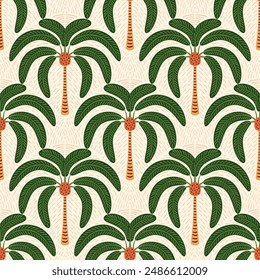 Green tropical palm tree seamless pattern. Jungle damask print, summer nature vector wallpaper. Hand drawn coconut plant, cute tropic illustration. Simple textile surface design, fabric, wrap paper.