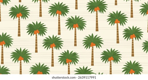 Green tropical palm tree seamless pattern. Jungle damask print, summer nature vector wallpaper. Hand drawn coconut plant, cute tropic illustration. Simple textile surface design, fabric, wrap paper