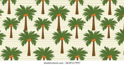 Green tropical palm tree seamless pattern. Jungle damask print, summer nature vector wallpaper. Hand drawn coconut plant, cute tropic illustration. Simple textile surface design, fabric, wrap paper