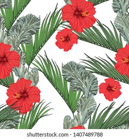 Green tropical palms, cacti and hibiscus flowers, white background. Floral seamless pattern. Tropical illustration. Summer beach design. Paradise nature. 