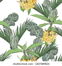 Green tropical palms, cacti and plumeria flowers branch, white background. Floral seamless pattern. Tropical illustration. Summer beach design. Paradise nature. 