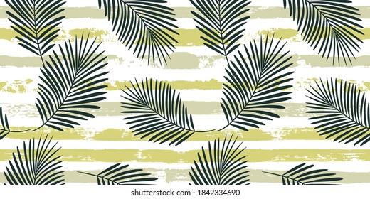 Green tropical pattern, graphic palm leaves seamless vector background. Exotic plant leaf print illustration. Summer jungle print. Leaves of palm tree on paint lines.