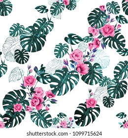 Green tropical pattern. Monstera leaves and flowers, tropic roses, blossoms and palm leaves on watercolor repeatable background.