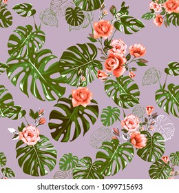 Green tropical pattern. Monstera leaves and flowers, tropic roses, blossoms and palm leaves on watercolor repeatable background.