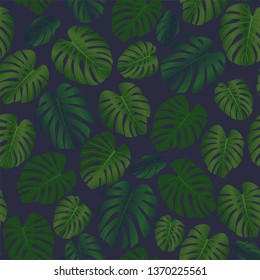 Green tropical pattern, seamless print with monstera leaves. Vintage textile print.