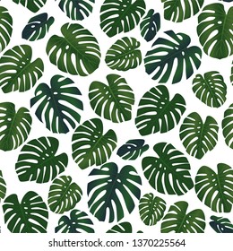 Green tropical pattern, seamless print with monstera leaves. Vintage textile print.