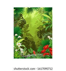 Green Tropical Rainforest View With Plant And Flower Cartoon