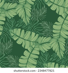 Green tropical seamless pattern background with palm leaves for decor, covers, backgrounds, wallpapers. Collage contemporary floral Modern exotic plants illustration in vector.