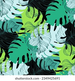 Grüner, nahtloser tropischer Hintergrund mit Palmblättern für die Dekoration, Decken, Hintergründe, Wallpaper. Sammle zeitgenössische Blumen Moderne exotische Pflanzen Illustration in Vektorgrafik.