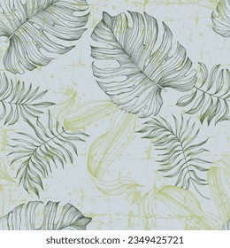 Green tropical seamless pattern background with palm leaves for decor, covers, backgrounds, wallpapers. Collage contemporary floral Modern exotic plants illustration in vector.