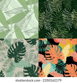 Green tropical seamless pattern background with palm leaves for decor, covers, backgrounds, wallpapers. Collage contemporary floral Modern exotic plants illustration in vector.