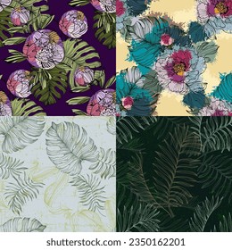 Green tropical seamless pattern background with palm leaves for decor, covers, backgrounds, wallpapers. Collage contemporary floral Modern exotic plants illustration in vector.