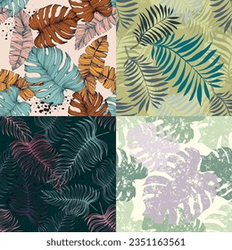 Green tropical seamless pattern background with palm leaves for decor, covers, backgrounds, wallpapers. Collage contemporary floral Modern exotic plants illustration in vector.