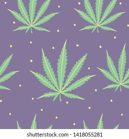 Green tropical seamless pattern. Texture with Exotic leaves cannabis. Hand-drawn illustration.