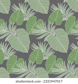 Green tropical seamless pattern with various leaves on a gray background. Pattern for textiles, wrapping paper, wallpapers, covers, decor