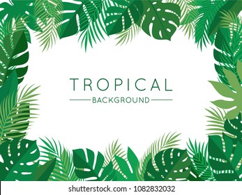 Green Tropical Summer Background with Exotic Palm Plants and Leaves. Vector Floral Illustration for Use in Design.