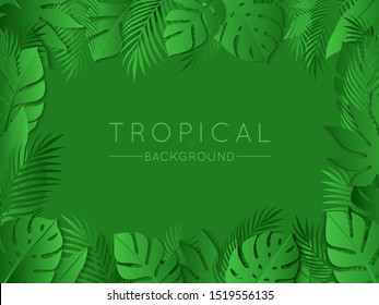 Green Tropical Summer Background with Exotic Palm Plants and Leaves. Vector Paper Art Floral Illustration for Use in Design.
