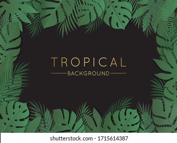 Green Tropical Summer Background with Exotic Palm Plants and Leaves on Black Background. Vector Paper Art Floral Illustration for Use in Design