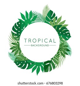 Green Tropical Summer Background with Exotic Palm Plants and Leaves. Vector Floral Illustration for Use in Design.