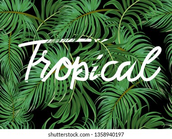 Green tropical summer rain forest jungle leaves and flower on dark night background seamless pattern,illustration vector by freehand drawn for banner or flyer background,greenery botanical style