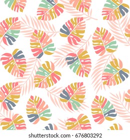 Green Tropical Summer Seamless Pattern with Exotic Palm Plants and Leaves. Vector Floral Illustration. Jungle Background.