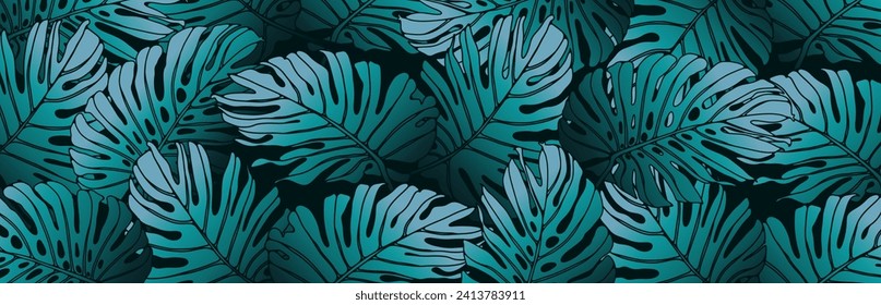 Green tropical vector background with monstera leaves. Botanical background, postcard, wallpaper, cover design.