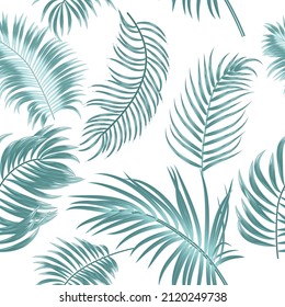 Green tropical vector seamless pattern with  leaves of palm tree. Botany dark background, jungle  wallpaper.