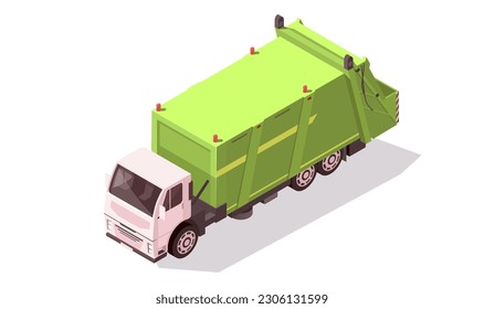 Green truck dumpster. Garbage recycling and utilization container vehicle. City waste recycling concept with garbage truck. Urban utility transport. Municipal cleaning service. Vector illustration svg