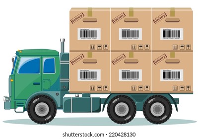 Green Truck With Large Wheels, The Load In The Form Of Boxes,Vector Illustration