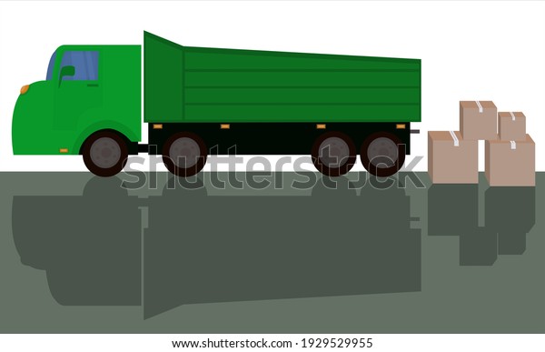A green truck and packages. An\
illustration for delivery service. Vector\
illustration.