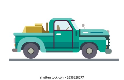 green truck pickup with cargo at the white background