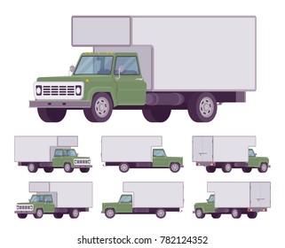 Green truck set. Large, heavy motor vehicle for transporting goods, powerful car for long distance travel. Vector flat style cartoon illustration isolated on white background, different positions