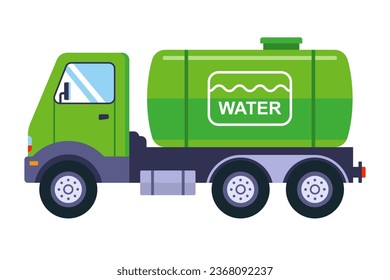 green truck with a tank for transporting water. flat vector illustration.