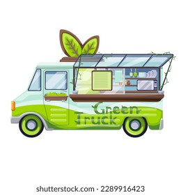 Green truck vector illustration. Cartoon isolated car van with leaf on top, window stall and wheels, city festival street shop to sell green tea, organic and vegan delicious products, eco food truck