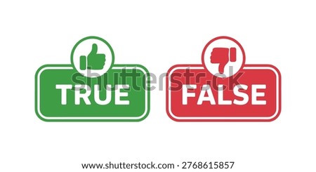 Green true sign with thumbs up and red false sign with thumbs down true false yes no correct incorrect  in white background