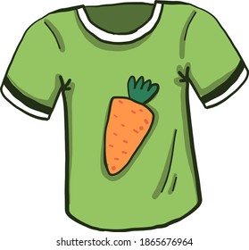 Camiseta verde con ilustración de zanahoria, vector sobre fondo blanco.