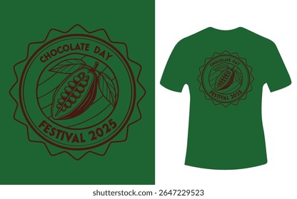 Um design de t-shirt verde com uma ilustração de cacau marrom dentro de um selo para o Festival do Dia do Chocolate 2025.