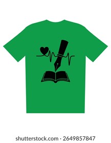 Camiseta Verde Design Pulsação, Caneta, Livro Aberto Escritor Apaixonado Conceito Ilustração Vetorial.