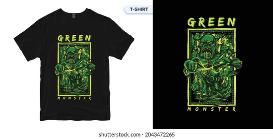 Diseño de camisetas VERDES. Impresión vectorial, tipografía, Halloween, Navidad, afiche, festividad, imprenta, emblema. Swatches globales.