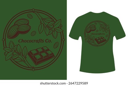 A green t-shirt displays a brown circular logo with cocoa beans, leaves, and a chocolate bar design.
