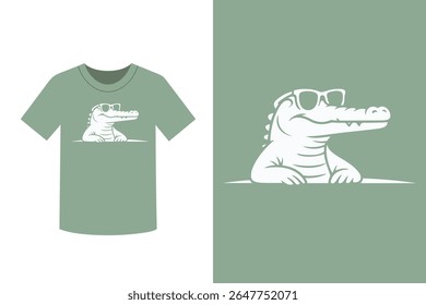 A green t-shirt featuring a cool alligator wearing sunglasses. The design is simple, modern, and perfect for casual wear. Great for summer vibes!