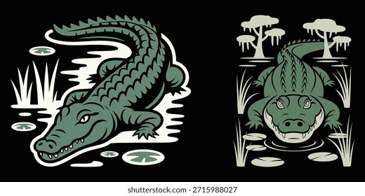 Una camiseta verde con un cocodrilo fresco con gafas de sol. El diseño es simple, moderno y perfecto para ropa casual. ¡Genial para el ambiente de verano! Linda ilustración de camping de cocodrilo con diseño de camiseta Vector premium el concepto de Tecnología aislada.