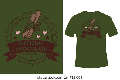 A green t-shirt featuring a design with cinnamon sticks, hearts, and the text "Official Chocolate Lover."