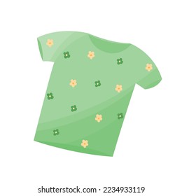 Green t-shirt with floral pattern illustration. Male and female unisex summer shirt.