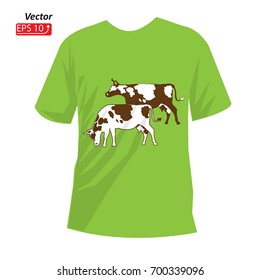 Green T-shirt , front view, isolated on white background  Surf typography for t-shirt print , white cow   Vector eps 10 illustration